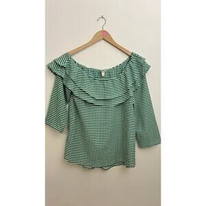 Cato Blouse Women Large Green Gingham Ruffle Off Shoulder 3/4 Sleeve Top